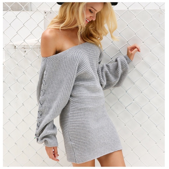 Gray Off The Shoulder Slouch Tie Sweater C68 - Picture 2 of 7